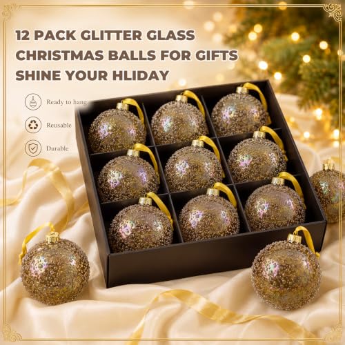 12 Pack Brown Gold Glass Christmas Ornaments 3 Inch Holiday Decor