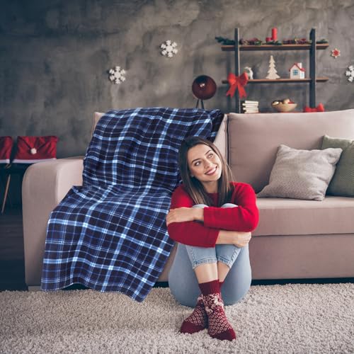 Blue Buffalo Plaid Fleece Throw Blanket 50x60 for Couch Bed Travel Bulk