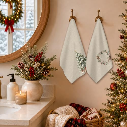 EGBTL Christmas Tree2 Wreath Kitchen Towels 16x24in Set of 2 - Rustic Snowy Holiday Dish Towels
