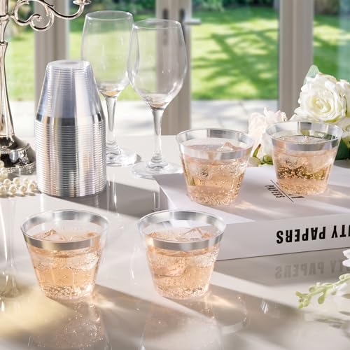 BESTVIP 9oz Silver Rimmed Disposable Plastic Cups - Pack of 100