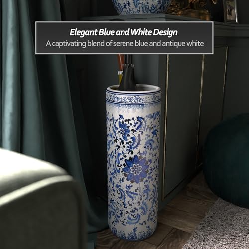 24-Inch Porcelain Umbrella Stand - Blue and White Floral Ceramic Holder