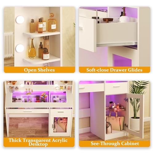 Makeup Vanity Desk with Mirror, LED Lights, Power Outlet and Storage Drawers