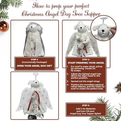 Dog Angel Christmas Tree Topper with LED Lighted Halo & Wings Decor