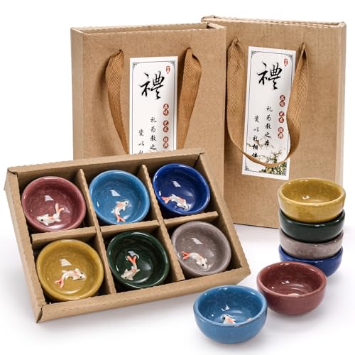 Foraineam Ceramic Sake & Tea Cups Set - 12pcs, 1oz with Koi Fish Design