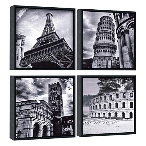 Wieco Art Framed Wall Art Architectures Modern 4 Panels Giclee Canvas Prints Europe Buildings Black and White Landscape Canvas Wall Art Black Picture Frames for Home Office Decorations