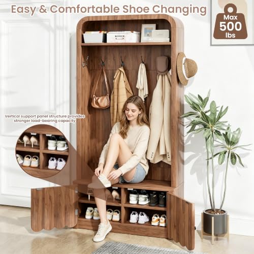 Narrow Hall Tree with Bench and Shoe Storage, Arched Entryway Coat Rack