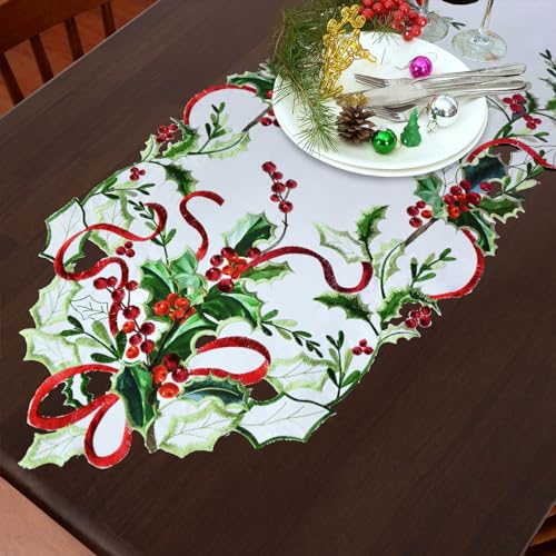 Grelucgo Embroidered Holly Leaves Table Runner 14x70in - Satin Holiday Home Decor