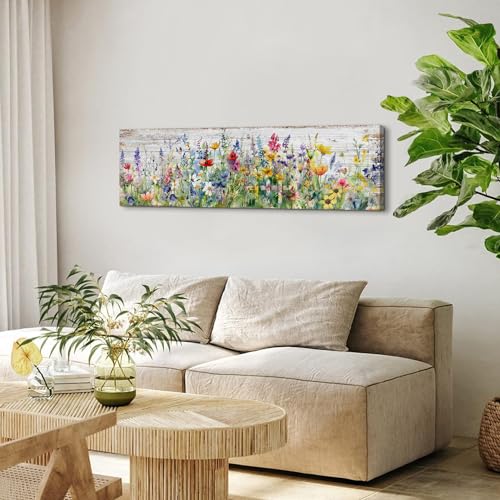 Rustic Wildflower Wall Art, 14x48 Inch Farmhouse Floral Canvas Print