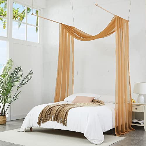 Caramel Gold Sheer Bed Canopy Curtains - 55 x 144 Inch Bed Scarves, Set of 2