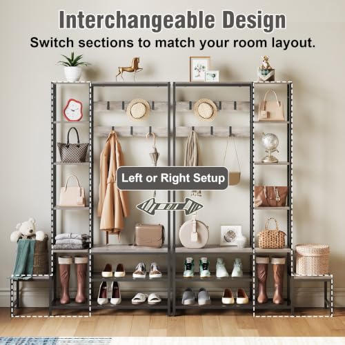 Industrial Hall Tree with Shoe Storage Bench and 7-Hook Coat Rack - Grey