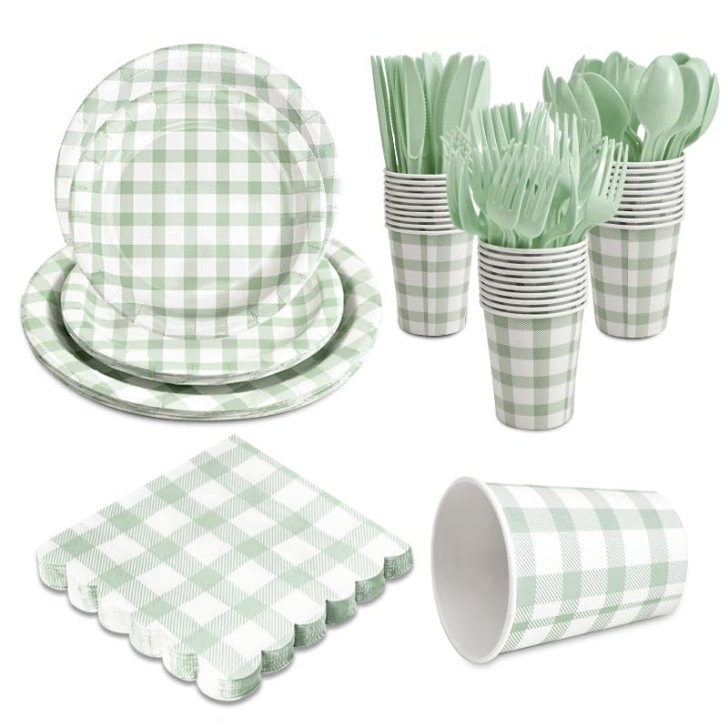 168Pcs Gingham Party Supplies for 24 Guests Thick Paper Plates and Napkins Knives Spoons Forks Cups Disposable Party Set Cutlery for Dinner Baby Shower Wedding Favor(Sage Green)
