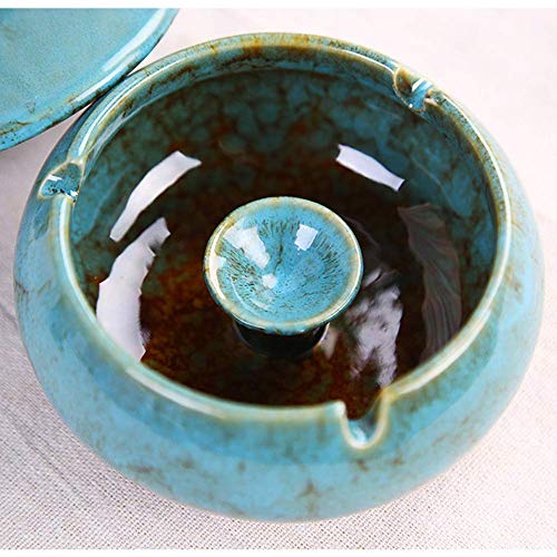 Ceramic Ashtray with Lid - Windproof Desktop Cigarette Ash Tray, Blue