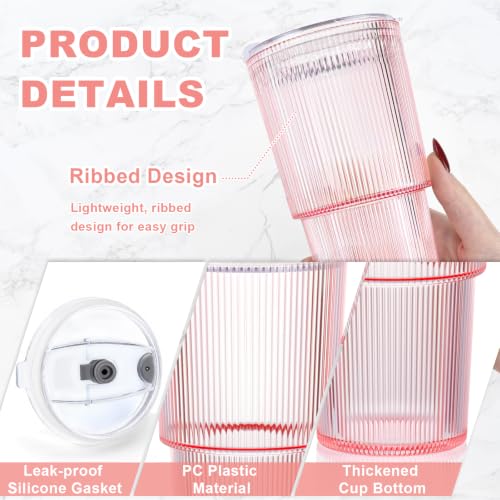 20oz Pink Plastic Ribbed Tumblers Set of 4 with Lids & Straws - Reusable Iced Coffee & Smoothie Cups