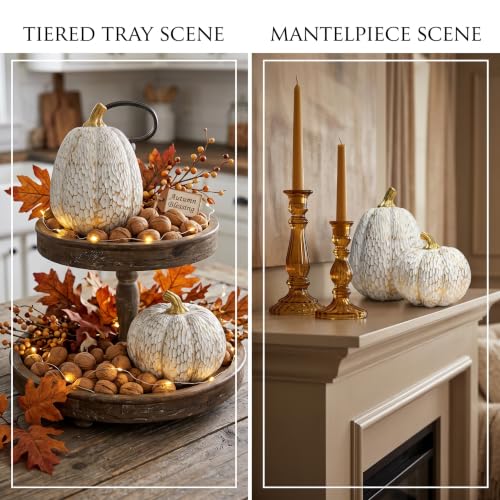 White and Gold Resin Pumpkin Decor Set of 2 for Fall Thanksgiving Table