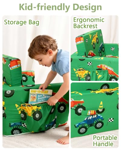 2-in-1 Foldable Toddler Couch and Lounger - Monster Truck Print