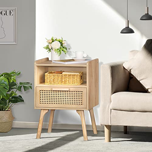Rattan Nightstand with Drawer and Open Shelf, Boho Wood Side Table