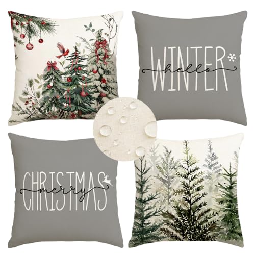 RABUSOFA Waterproof Christmas Pillow Covers 18x18 Inches Set of 4 Gray Outdoor Tree Decor