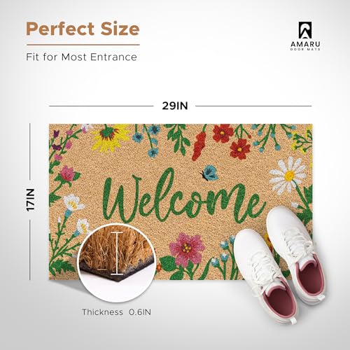 Floral Coir Welcome Mat, 17x29 Inch Non-Slip Outdoor Entryway Door Mat