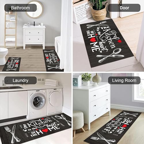 2-Piece Farmhouse Kitchen Rug Set, Black and White Rustic Floor Mats