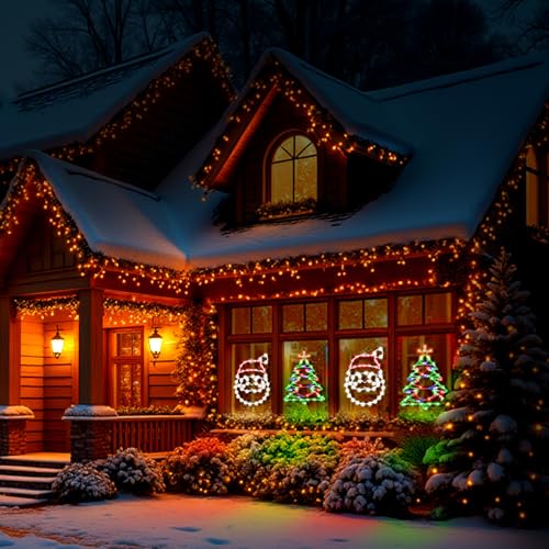 SUPHONOR 16" Christmas Window Silhouette LED Lights Pack (2) Santa Head & Christmas Tree Battery-Powered
