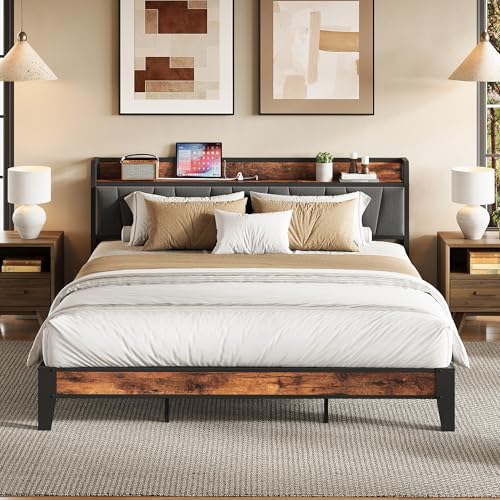 King Size Platform Bed Frame with Storage Headboard & Charging Station