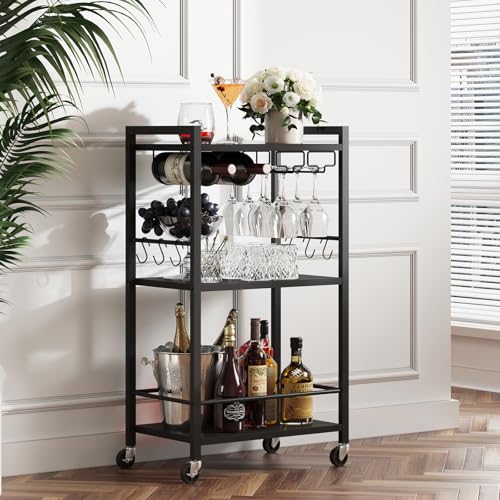 3-Tier Mobile Bar Cart with Wine Rack, Glass Holder, and 6 Hooks