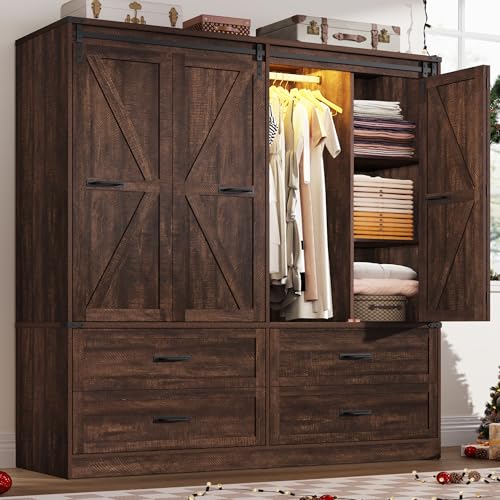 Farmhouse Sliding Barn Door Wardrobe with LED Motion Sensor Lights & Drawers