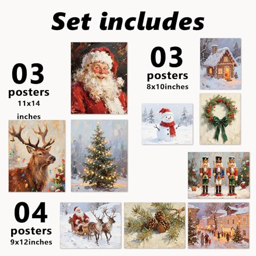 Whaline 10Pcs Vintage Christmas Wall Art Prints – Santa, Snowman & Reindeer Unframed