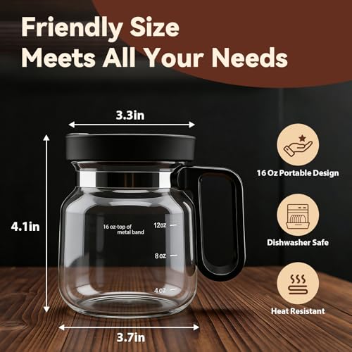 1 Pack Mini Glass Coffee Pot Mug with Spill-Proof Lid - 16oz Heatproof Novelty Drinkware