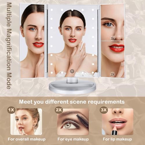 Flymiro Tri-fold Lighted Vanity Makeup Mirror with 3x/2x