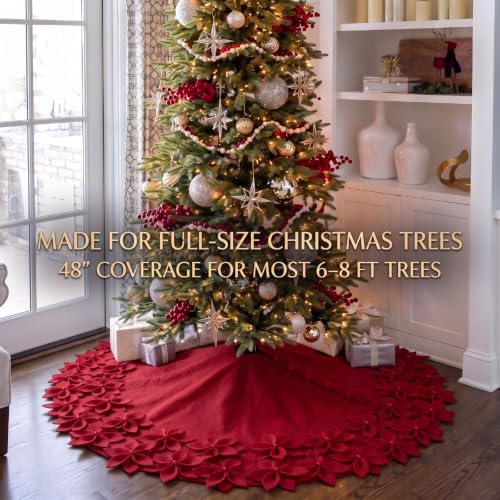 48 Inch Red Handmade Felt Christmas Tree Skirt with Poinsettia Ball Edge