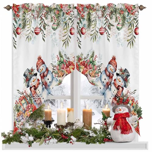 BEMIGO Christmas Red Eucalyptus Valance Set of 2 28W x 36L, Rod Pocket Farmhouse Curtains