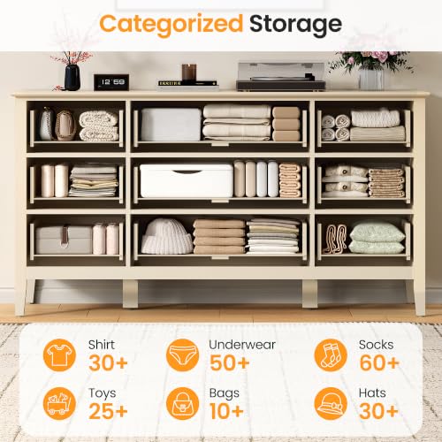 59-Inch Fluted 9-Drawer Dresser, Modern Beige Wooden Storage Cabinet