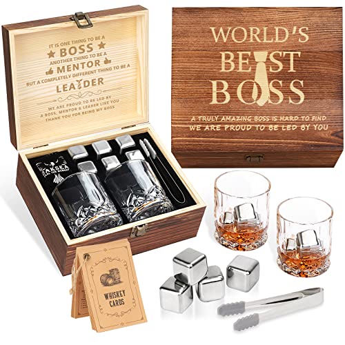 Oaksea Boss Day Whiskey Stones Set - 6 Stainless Steel Chilling Cubes & Glasses Gift for Men Boss Him Christmas Anniversary