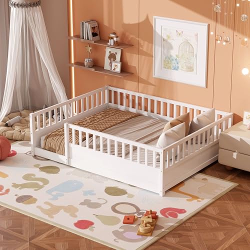 Queen Montessori Floor Bed Frame with Safety Fence, Solid Pine Wood