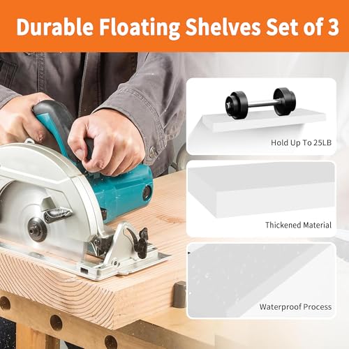 White Floating Shelves - 16-Inch Wall Mounted Display Shelves, Set of 3