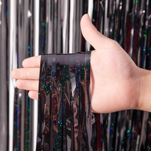 Black Foil Fringe Backdrop Curtains - 2 Pack Tinsel Streamers for Parties