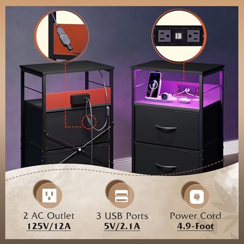 3-Drawer LED Nightstand with Charging Station, Bedside Table with USB Ports