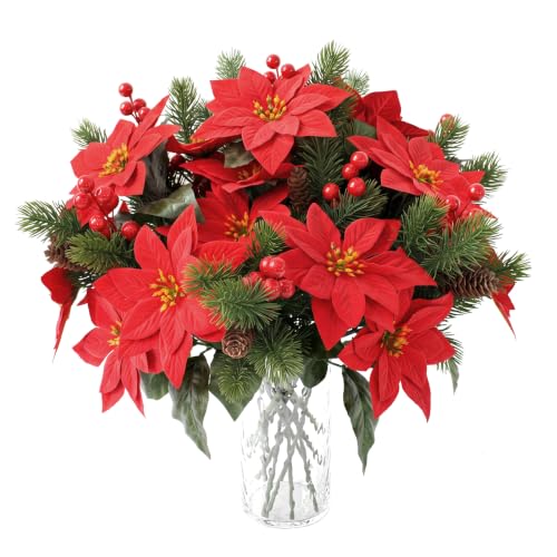 ZeKonan Artificial Poinsettia Stems Christmas Flowers for Holiday Decor