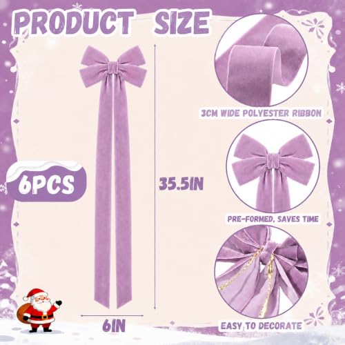 Purple Velvet Ribbon Bows Set of 6 - Long Tail Holiday Tree Decor