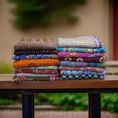 Kantha Quilted Cotton Blanket - Vintage Reversible Bedspread, 85x55 Inches