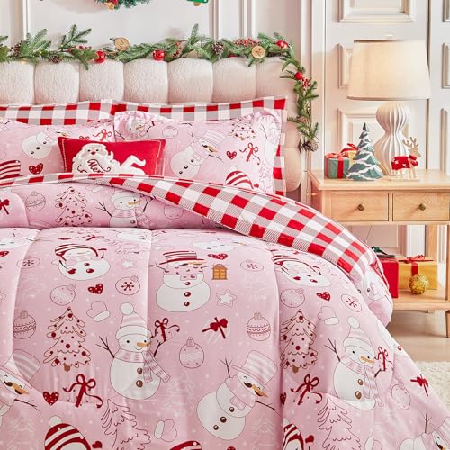 UOZZI Bedding Christmas Queen Comforter Set 7pc – Pink Snowman, Red Plaid, 12in Fitted Sheet