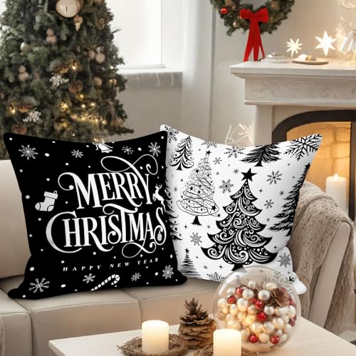 Lanpn 20x20 Black Christmas Pillow Covers Set of 4 Winter Holiday Decorative Cushion Cases