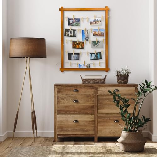 Freestanding Wood Photo Display Board with 30 Clips for Tabletop Decor