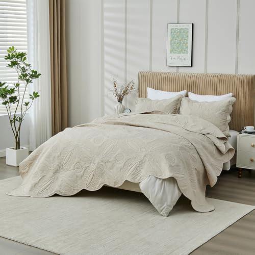 Oversized King Bedspread Set 128x120 - Ultrasonic Quilted Beige Coverlet