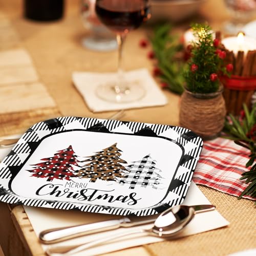 Whaline Christmas Plaid Tree Square Paper Plates 9 Inch - Holiday Party Supplies