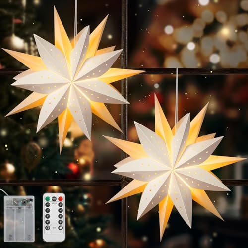 Lewondr C-White Christmas Paper Star Lantern 2PCS with Remote, 8 Lighting Modes & Dimming