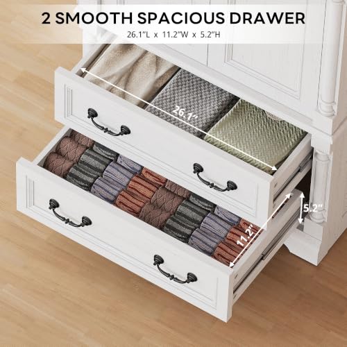 70-Inch Farmhouse Wardrobe Armoire with 2 Drawers and Hanging Rod, White