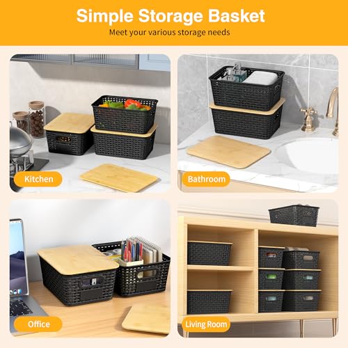 Plastic Storage Baskets with Bamboo Lids and Labels 6-Pack