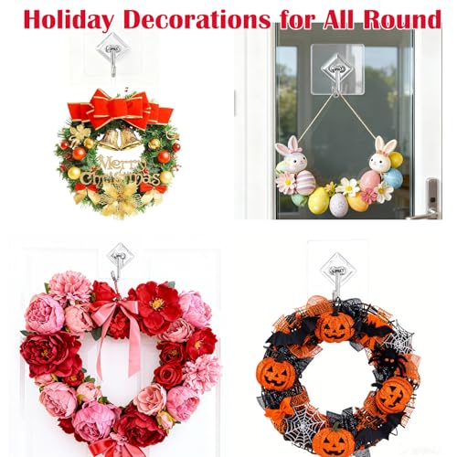 Large Adhesive Hooks 10-Pack - Transparent Wall Hangers for Christmas/Wreaths/Halloween, 33 lb Load, Traceless Hook for Keys & Towel